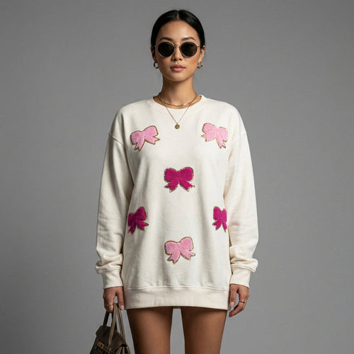 Sweat-shirt femme brodé nœud col rond - Mode K-fashion décontractée - Taille XS