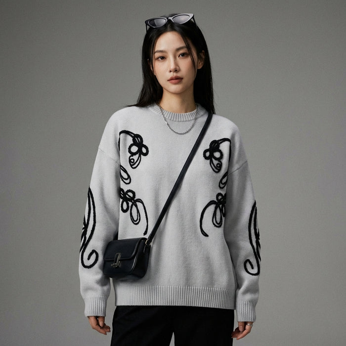 Pull col rond brodé décontracté K-fashion - Koreanxwear - Taille M