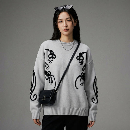 Pull col rond brodé décontracté K-fashion - Koreanxwear - Taille M