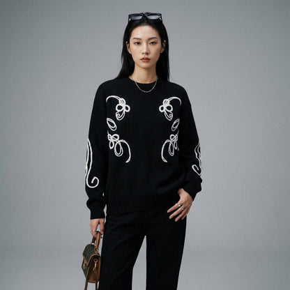 Pull col rond brodé décontracté K-fashion - Koreanxwear - Taille M