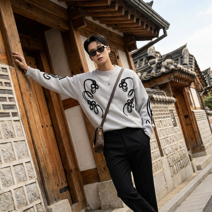 Pull col rond brodé décontracté K-fashion - Koreanxwear