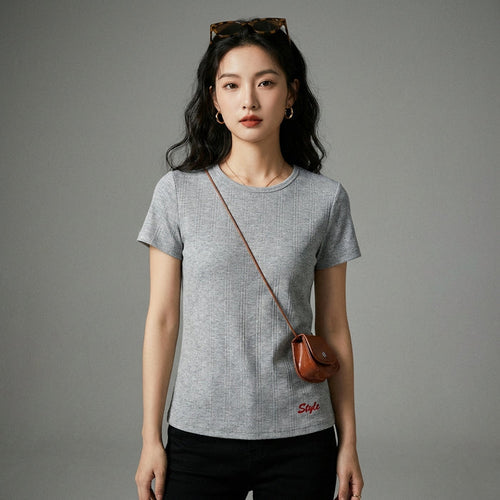 T-shirt brodé col rond slim fit en coton, couleur blanc ou gris. Mode K-fashion femme. - Taille S
