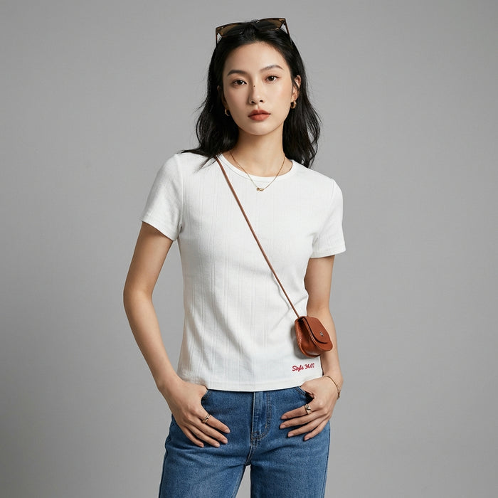 T-shirt brodé col rond slim fit en coton, couleur blanc ou gris. Mode K-fashion femme. - Taille S