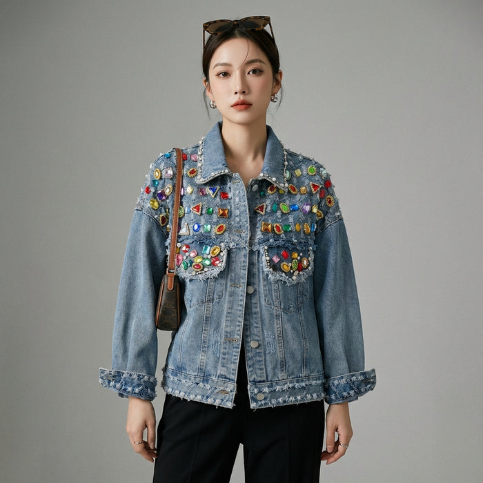 Veste en jean oversize bleue effilochée, style streetwear K-fashion - Taille M