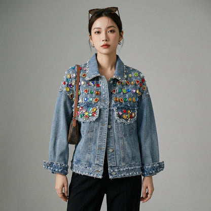 Veste en jean oversize bleue effilochée, style streetwear K-fashion - Taille M