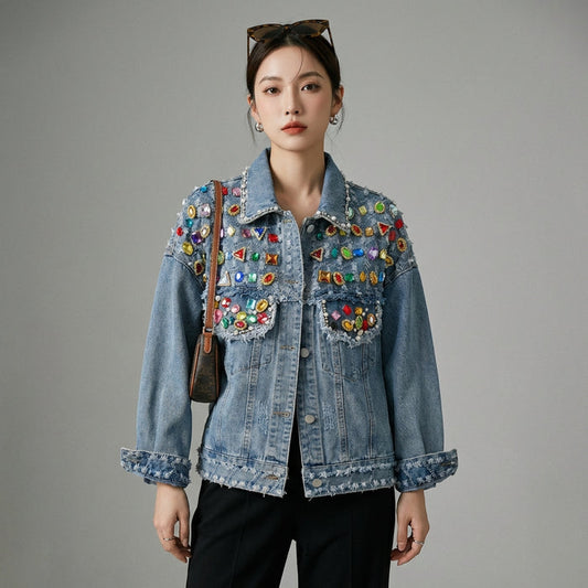 Veste en jean oversize bleue effilochée, style streetwear K-fashion - Taille M