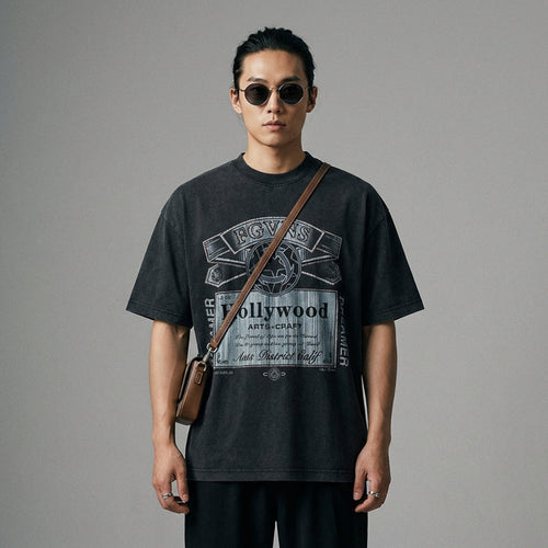 T-shirt noir imprimé géométrique, coupe ample, streetwear K-fashion - Taille M