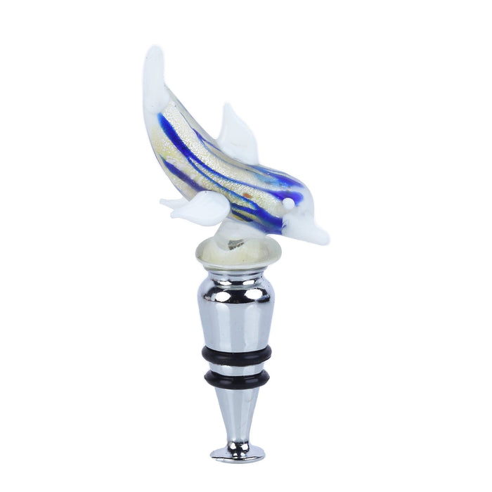 Glass Dolphin Wine Stopper - White Blue