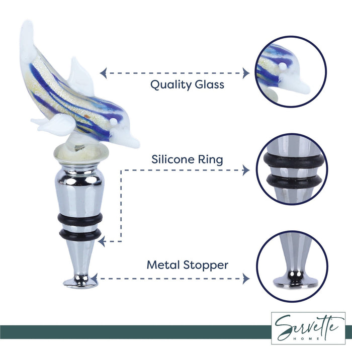 Glass Dolphin Wine Stopper - White Blue