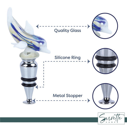 Glass Dolphin Wine Stopper - White Blue