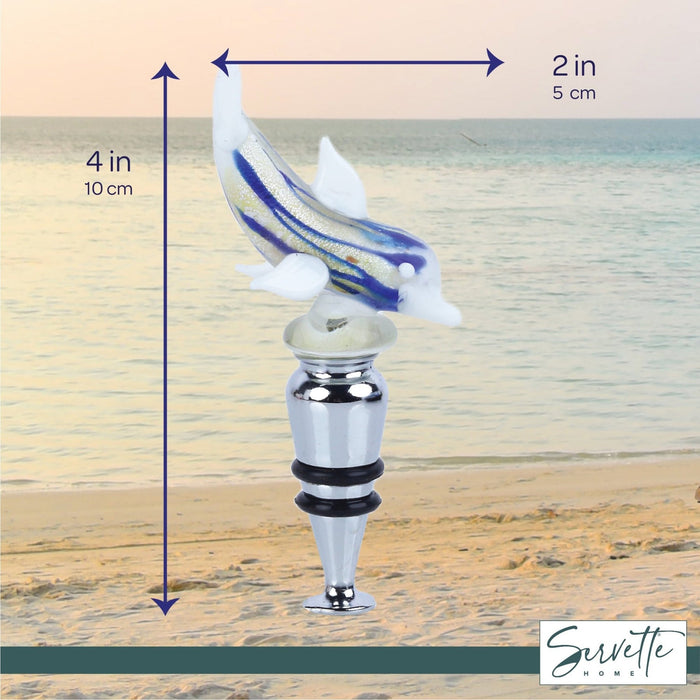 Glass Dolphin Wine Stopper - White Blue