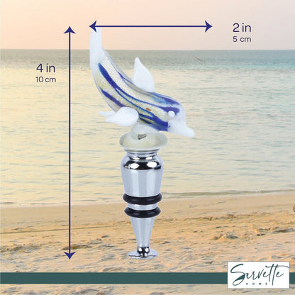 Glass Dolphin Wine Stopper - White Blue