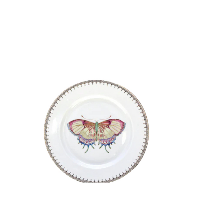 White dessert plate with a central pastel butterfly design and a gold dotted rim.