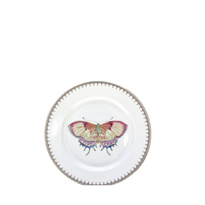 White dessert plate with a central pastel butterfly design and a gold dotted rim.