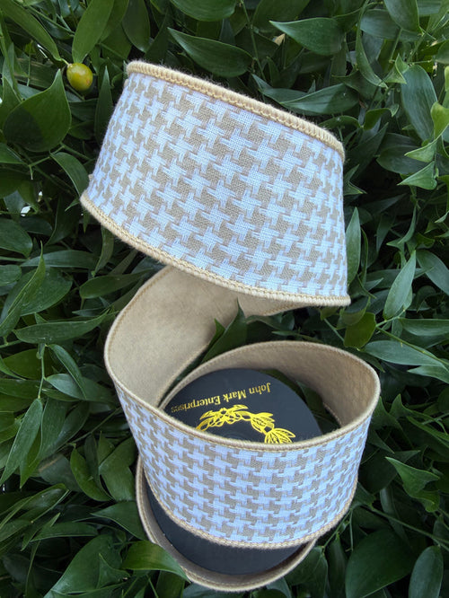 HOUNDS TOOTH/DUPION FUSED 2.5"X10YD TAN HEAVY WIRED RIBBON