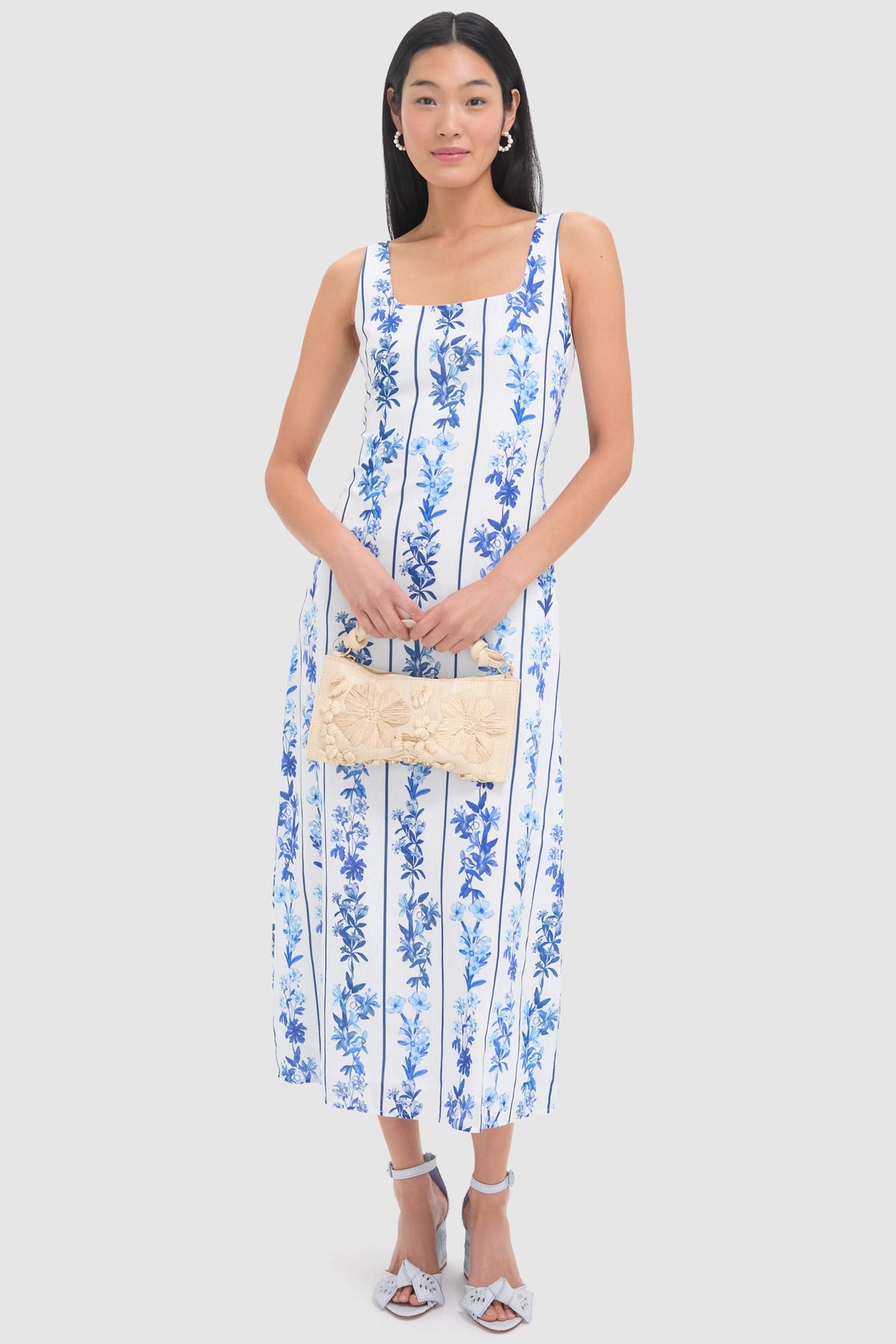 Blue Floral and Stripe Minnie Midi Dress