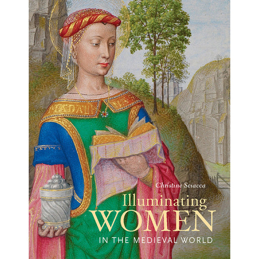 Cover of the book 'Illuminating Women in the Medieval World' featuring an illustration of a medieval woman with a red headscarf, holding a book, with a natural landscape in the background.