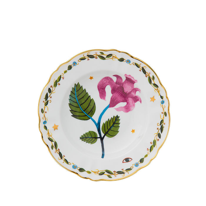 Pink deep plate with scalloped gold rim, floral and leaf design in center, green leaf border pattern.