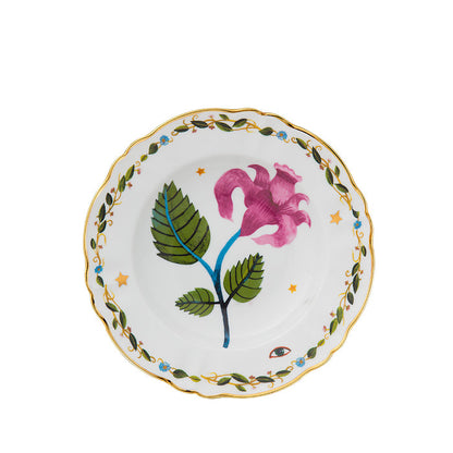Pink deep plate with scalloped gold rim, floral and leaf design in center, green leaf border pattern.