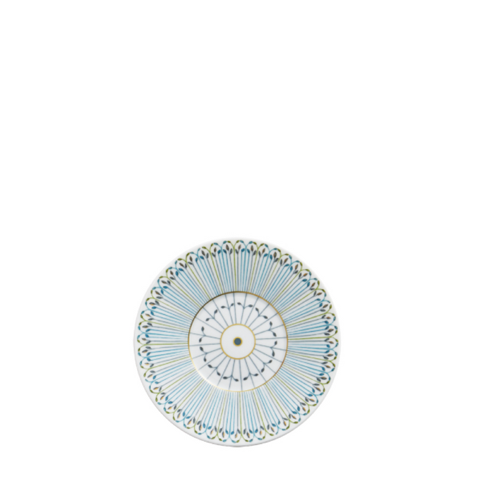 Round ceramic bread and butter plate with blue, gold, and white intricate floral pattern.