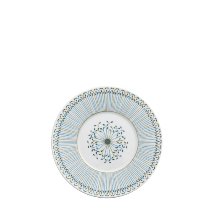 White ceramic dessert plate with blue and gold intricate floral and geometric border design.