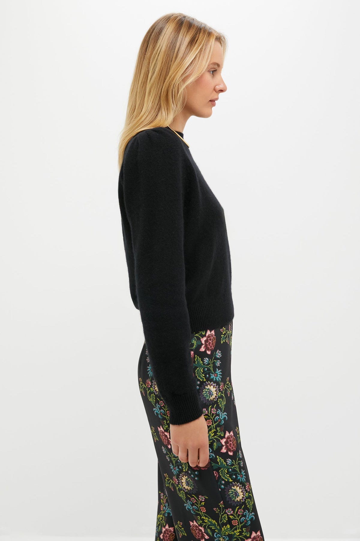 Black Cashmere Puff Sleeve Macy Crewneck Sweater