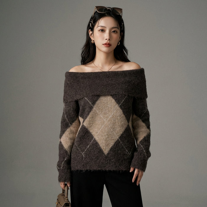 Pull tricoté col bateau à carreaux - Koreanxwear - Taille S
