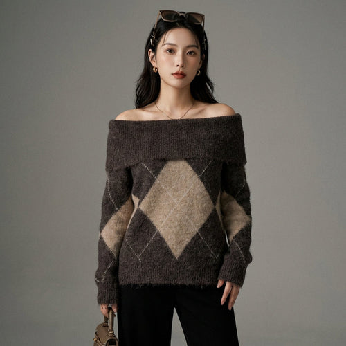 Pull tricoté col bateau à carreaux - Koreanxwear - Taille S