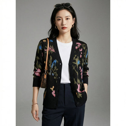 Cardigan tricoté à motifs de fleurs et col V - Koreanxwear - Taille S