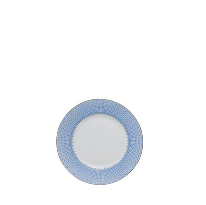 Round bread and butter plate with white center and cornflower blue lace-patterned rim.