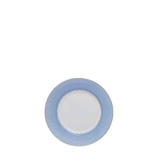 Round bread and butter plate with white center and cornflower blue lace-patterned rim.