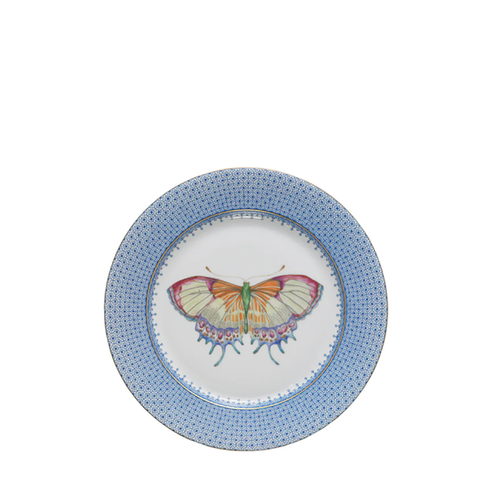 White ceramic plate with cornflower blue lace-patterned rim and colorful butterfly illustration in the center.