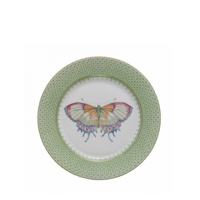Green apple cocktail plate with pink and orange butterfly and dotted border design.