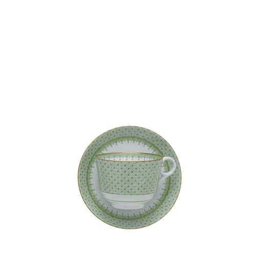 Green apple ceramic tea cup and saucer set with gold lace trim and dotted pattern.