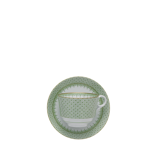 Green apple ceramic tea cup and saucer set with gold lace trim and dotted pattern.