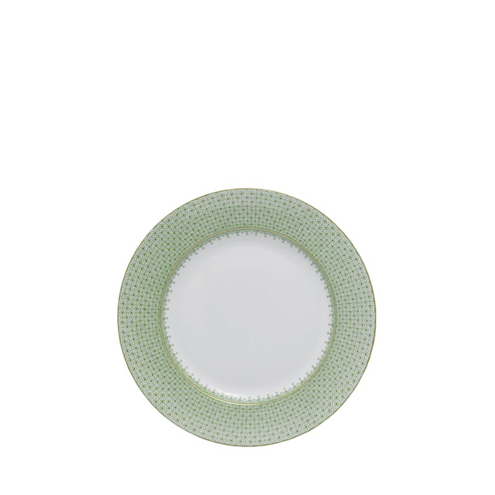 Green apple dessert plate with intricate lace pattern border and white center.