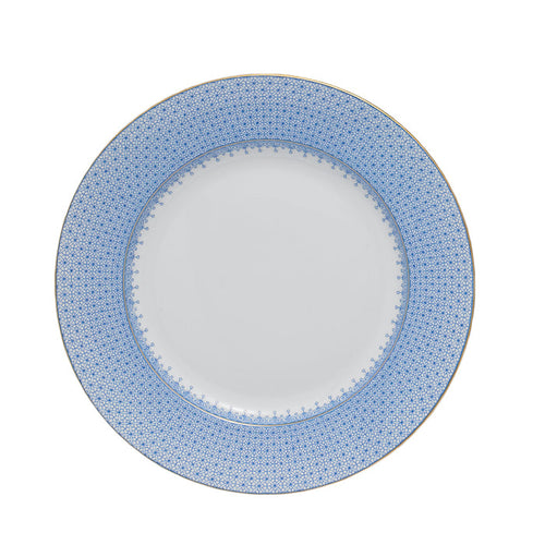 White dinner plate with wide cornflower blue lace-patterned rim and delicate dot detailing.