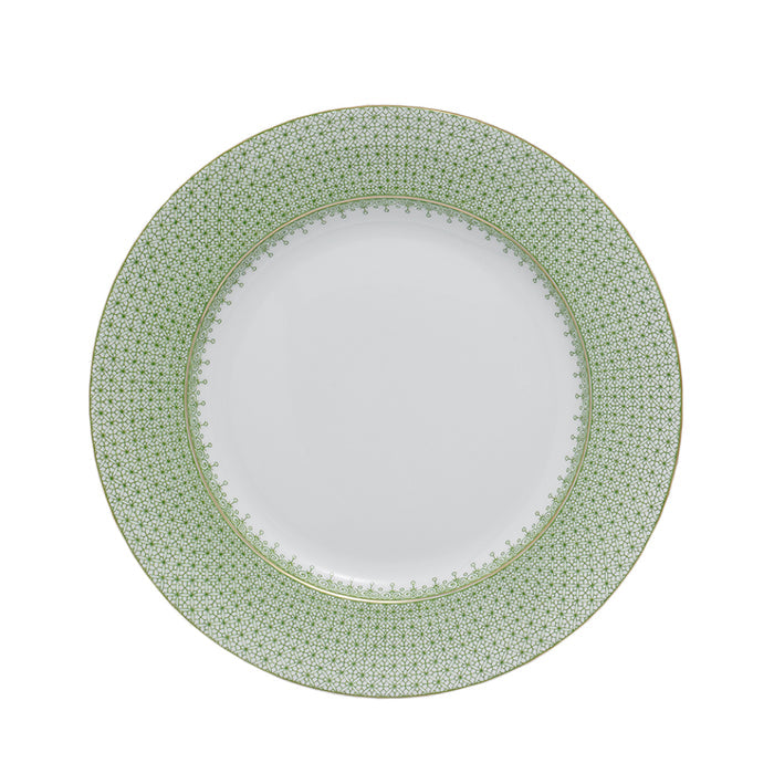 Green apple dinner plate with intricate lace pattern on rim and white center.