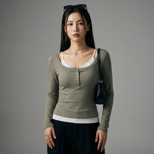 T-shirt femme manches longues dentelle col carré slim fit - Koreanxwear - Taille S
