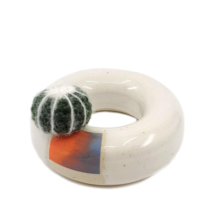 Large Plush Cactus - Echinocactus Grusonii in Orange Blue Donut Pot by Hook And Wheel