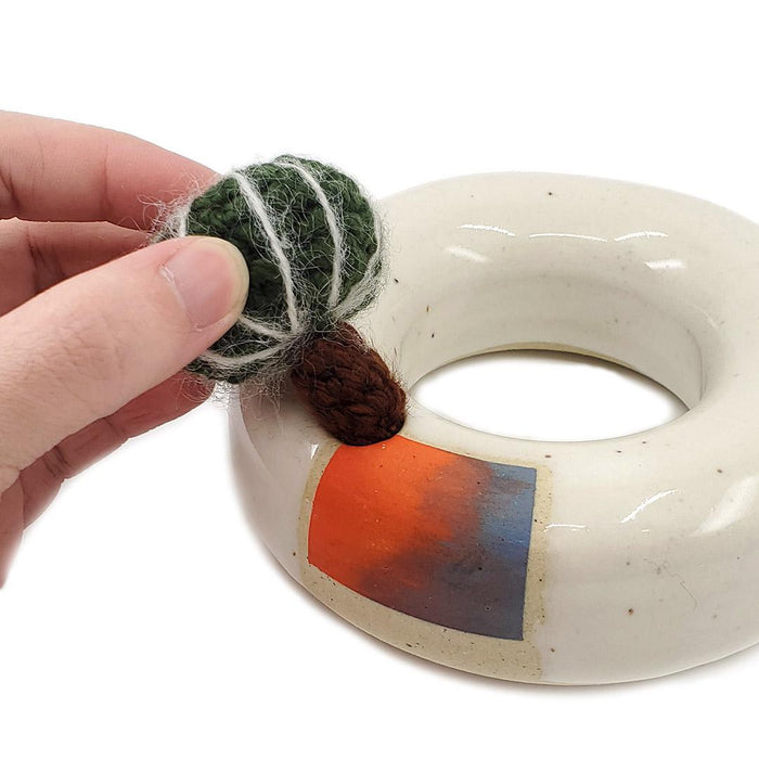 Large Plush Cactus - Echinocactus Grusonii in Orange Blue Donut Pot by Hook And Wheel