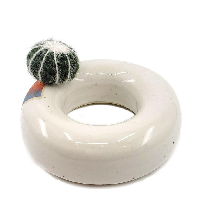 Large Plush Cactus - Echinocactus Grusonii in Orange Blue Donut Pot by Hook And Wheel