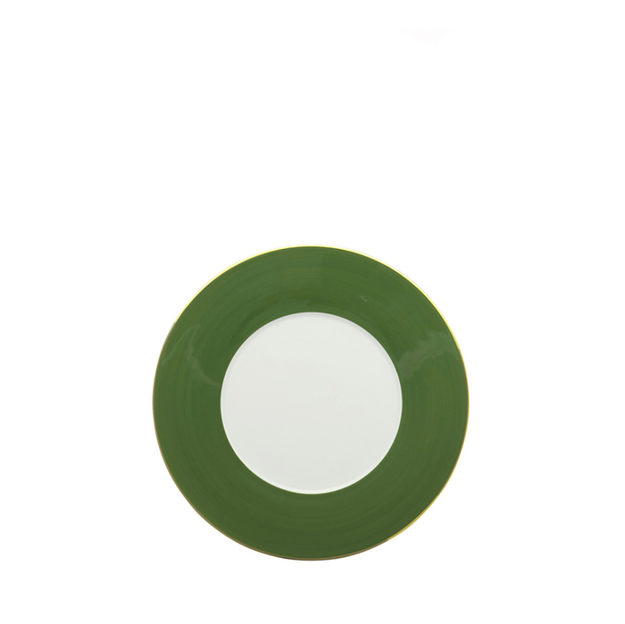 Round dessert plate with a wide dark green rim and a white center.