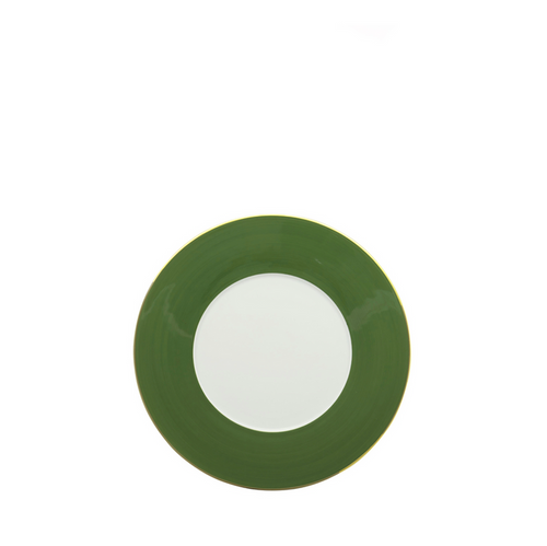 Round dessert plate with a wide dark green rim and a white center.