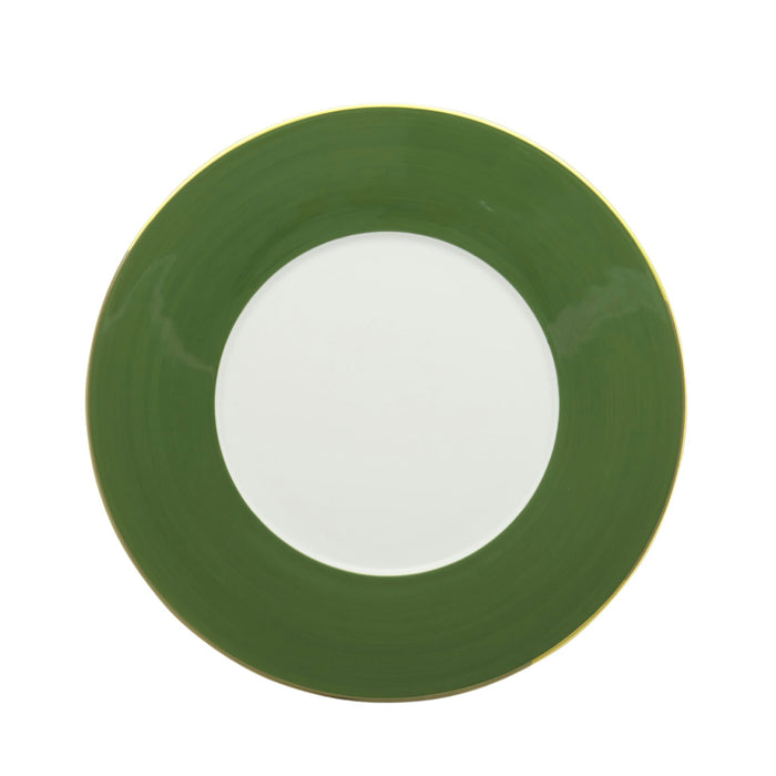 Round dinner plate with wide dark green rim and white center, smooth ceramic finish.