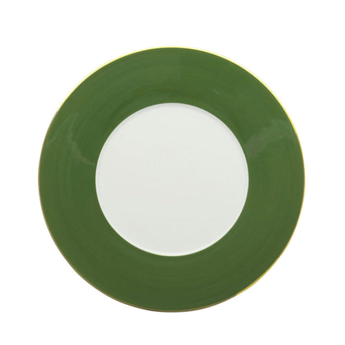Round dinner plate with wide dark green rim and white center, smooth ceramic finish.