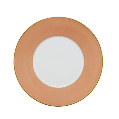 Round dinner plate with salmon-colored wide rim and white center.