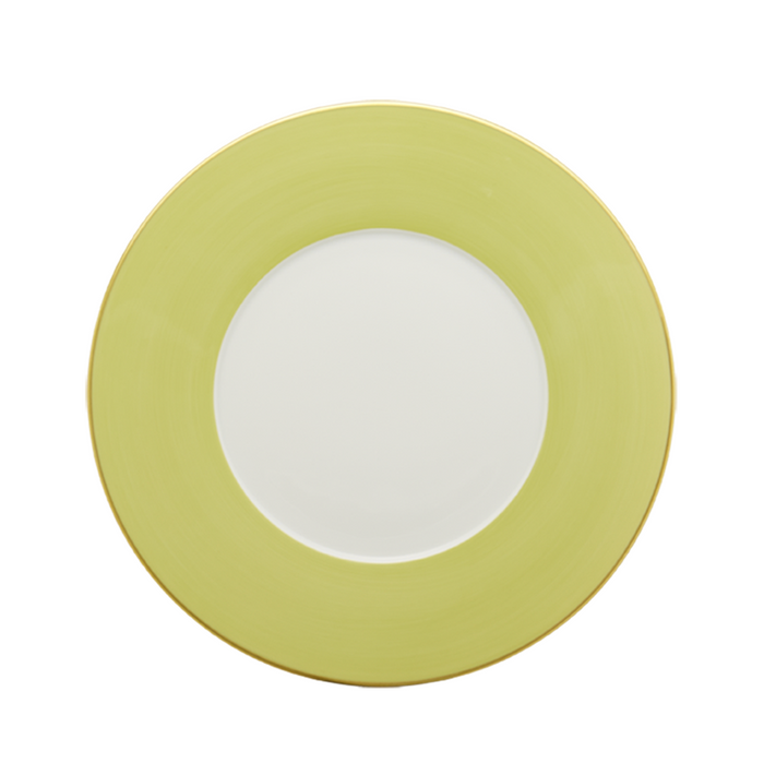 White dinner plate with wide lime green rim and subtle textured finish.