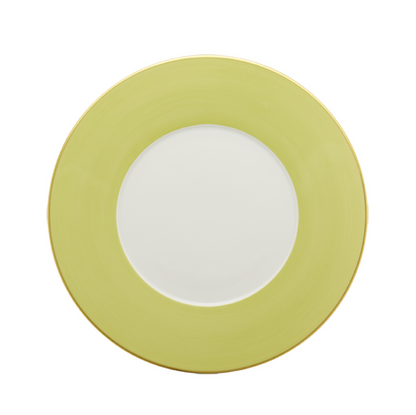 White dinner plate with wide lime green rim and subtle textured finish.