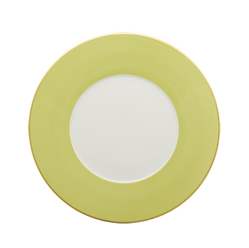 White dinner plate with wide lime green rim and subtle textured finish.